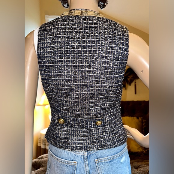 CACHE Tweed Navy Blue/Tan with gold Metallic accent Vest Sz 0 EUC - Picture 5 of 9